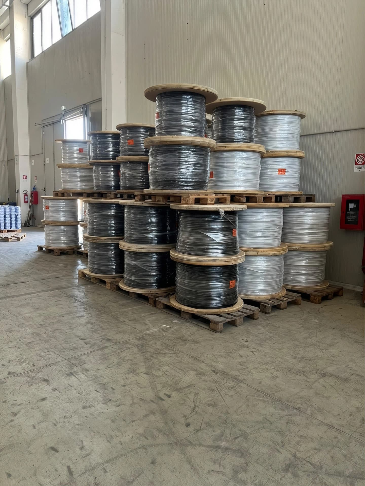 Bobine di cavo impilate su pallet nello stabilimento